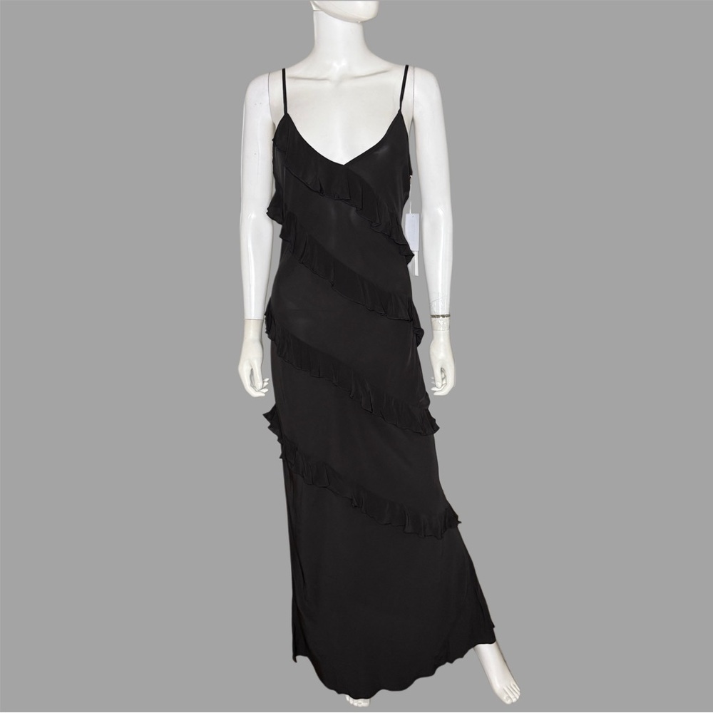 Good American Black Bias Cut Ruffle Chiffon Maxi Dress